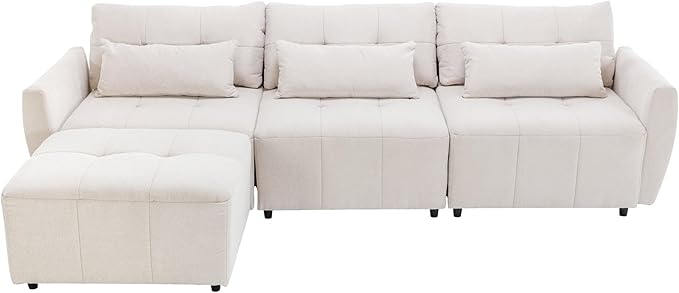 113.3" L-Shaped Sectional 3-Seat Sofa, Convertiblet Chenille Upholstered Couch with Movable Ottoman and two USB Ports for Apartment, Living Room, Bedroom, 113.3 Inch, Beige - LeafyLoom