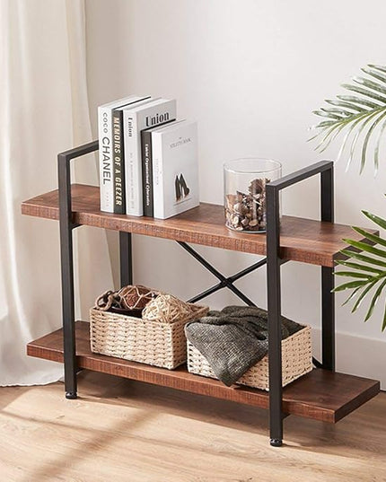 HSH Natural Real Wood Bookshelf, 2 Tier Small Rustic Vintage Industrial Etagere Bookcase, Low Open Metal Farmhouse Solid Wooden Book Shelf, 2 Shelf Bookcase for Living Room Bedroom, Distressed Brown - LeafyLoom