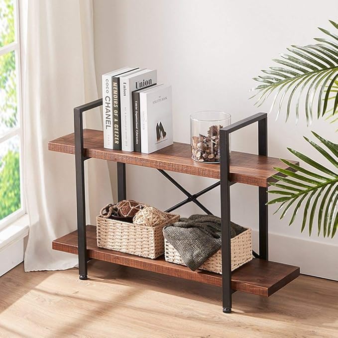 HSH Natural Real Wood Bookshelf, 2 Tier Small Rustic Vintage Industrial Etagere Bookcase, Low Open Metal Farmhouse Solid Wooden Book Shelf, 2 Shelf Bookcase for Living Room Bedroom, Distressed Brown - LeafyLoom