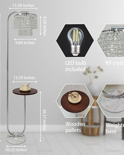 Hsyile Arc Crystal Floor Lamp for Living Room - Marble Base Modern Tall Stand Up Light with Table,Contemporary Over The Couch Chrome Lamp Standing Lamps for Bedroom Office Living Room - LeafyLoom