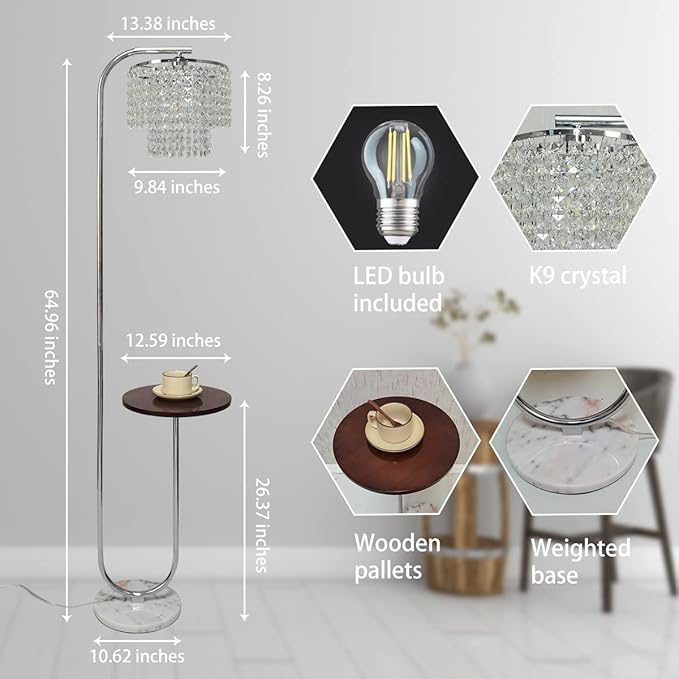 Hsyile Arc Crystal Floor Lamp for Living Room - Marble Base Modern Tall Stand Up Light with Table,Contemporary Over The Couch Chrome Lamp Standing Lamps for Bedroom Office Living Room - LeafyLoom