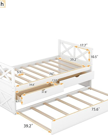 Twin Daybed with Storage Drawers and Trundle Bed, Wood Twin Size Captain’s Bed Frame for Bedroom Living Room Guest Room, White - LeafyLoom