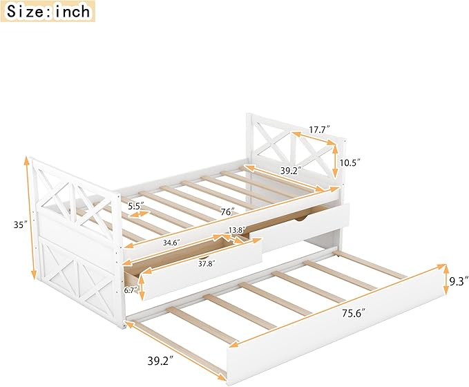 Twin Daybed with Storage Drawers and Trundle Bed, Wood Twin Size Captain’s Bed Frame for Bedroom Living Room Guest Room, White - LeafyLoom