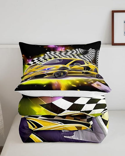 Yellow Sports Car Comforter Sets Full Size, Boys Race Car Bedding for Teens Girls Adult Extreme Speed Race Car Duvet Sets Black and White Grids Print Car Theme Bedroom Decor Quilts - LeafyLoom