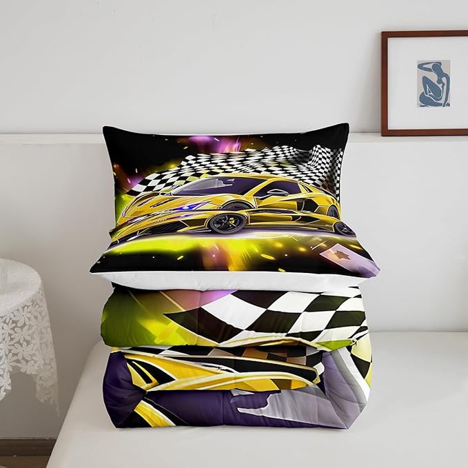 Yellow Sports Car Comforter Sets Full Size, Boys Race Car Bedding for Teens Girls Adult Extreme Speed Race Car Duvet Sets Black and White Grids Print Car Theme Bedroom Decor Quilts - LeafyLoom