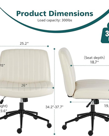 OLIXIS Cross Legged Armless Wide Adjustable Swivel Padded Home Office Desk Chair, Cream with Wheels - LeafyLoom