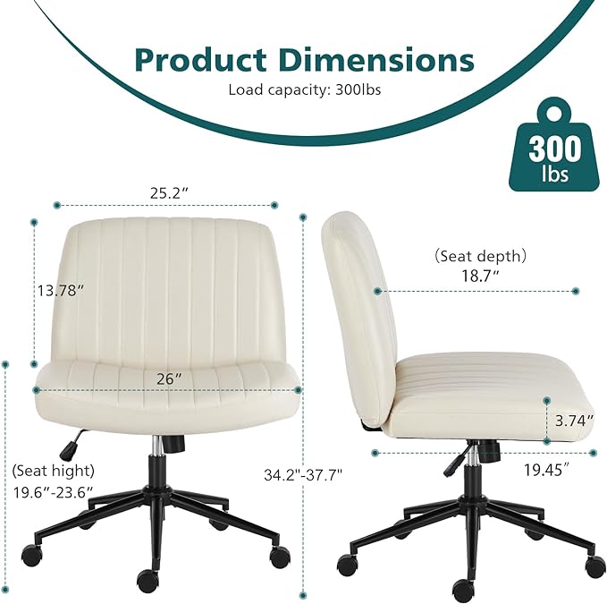 OLIXIS Cross Legged Armless Wide Adjustable Swivel Padded Home Office Desk Chair, Cream with Wheels - LeafyLoom