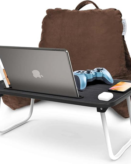 Nestl Reading Pillow with Portable Laptop Lap Desk, Velvet Feel Back Pillow for Sitting in Bed, Shredded Memory Foam Back Support Pillow for Bed, Bed Rest Pillow with Arms, Standard - Brown - LeafyLoom
