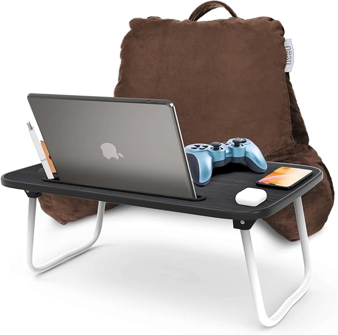 Nestl Reading Pillow with Portable Laptop Lap Desk, Velvet Feel Back Pillow for Sitting in Bed, Shredded Memory Foam Back Support Pillow for Bed, Bed Rest Pillow with Arms, Small - Brown - LeafyLoom