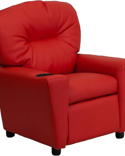 Flash Furniture Chandler Vinyl Kids Recliner with Cup Holder and Safety Recline, Contemporary Reclining Chair for Kids, Supports up to 90 lbs., Red - LeafyLoom