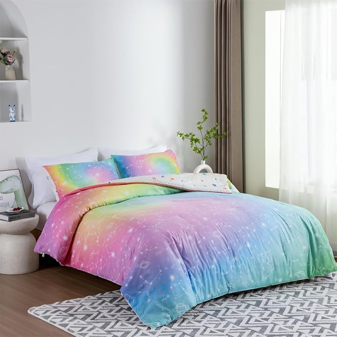 Holawakaka Tie Dye Constellation Print Rainbow Ombre Comforter Set Full Size Girls Boys Gradient Galaxy Bedding Sets Teens Boho Bed Set(Multi,Full) - LeafyLoom