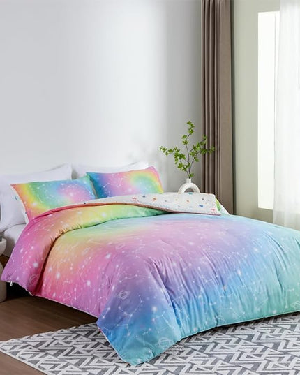 Holawakaka Tie Dye Constellation Print Rainbow Ombre Comforter Set Queen Size Girls Boys Gradient Galaxy Bedding Sets Teens Boho Bed Set(Multi,Queen) - LeafyLoom
