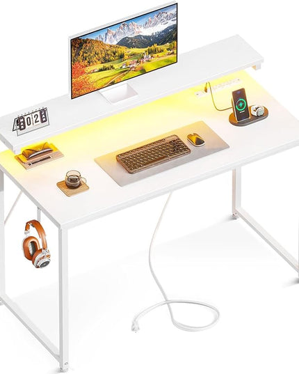 AODK Small Desk, 40 Inch Gaming Desk with LED Lights and Power Outlet, Computer Desk with Adjustable Monitor Shelf (3 Heights), Home Office Table Study Desk Compact Desk for Small Space, White - LeafyLoom