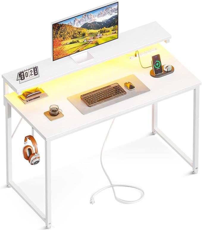 AODK Small Desk, 40 Inch Gaming Desk with LED Lights and Power Outlet, Computer Desk with Adjustable Monitor Shelf (3 Heights), Home Office Table Study Desk Compact Desk for Small Space, White - LeafyLoom