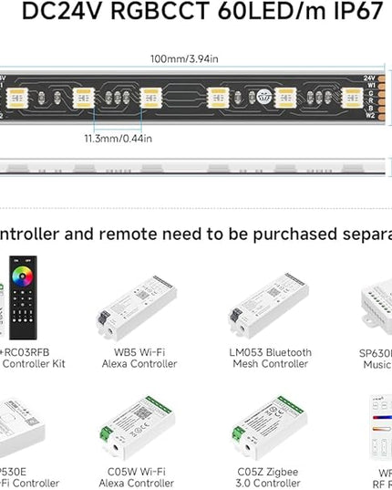 BTF-LIGHTING RGBCCT 5 Colors in 1 LED 5050SMD RGBWW RGB+Dimmable Tunable Color Temperature 2700K-6500K 16.4ft 60LEDs/m 300LEDs DC24V Multi-Colored Lights IP67 for Decoration(No Adapter or Controller) BTF-LIGHTING