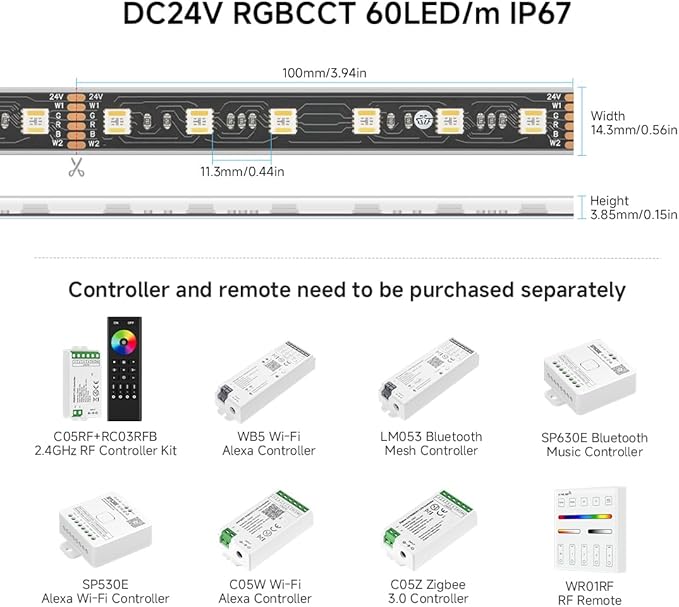 BTF-LIGHTING RGBCCT 5 Colors in 1 LED 5050SMD RGBWW RGB+Dimmable Tunable Color Temperature 2700K-6500K 16.4ft 60LEDs/m 300LEDs DC24V Multi-Colored Lights IP67 for Decoration(No Adapter or Controller) BTF-LIGHTING