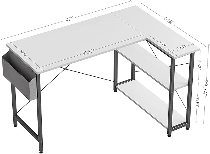CubiCubi L Shaped Desk, 47 Inch Computer Desk with Reversible Storage Shelves Home Office Corner Desk Study Writing Table, White Top/Black Leg - LeafyLoom