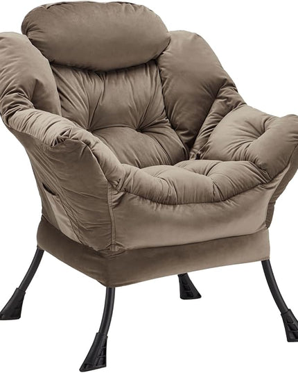 Lazy Chair Thick Padded, Accent Chair Velvet Upholstered with Wide Seat, Stable Metal Frame and Non-Slip Pad, Modern Sofa Armchair with Side Storage Bag for Dorm, Room, Office, Dark Gray - LeafyLoom
