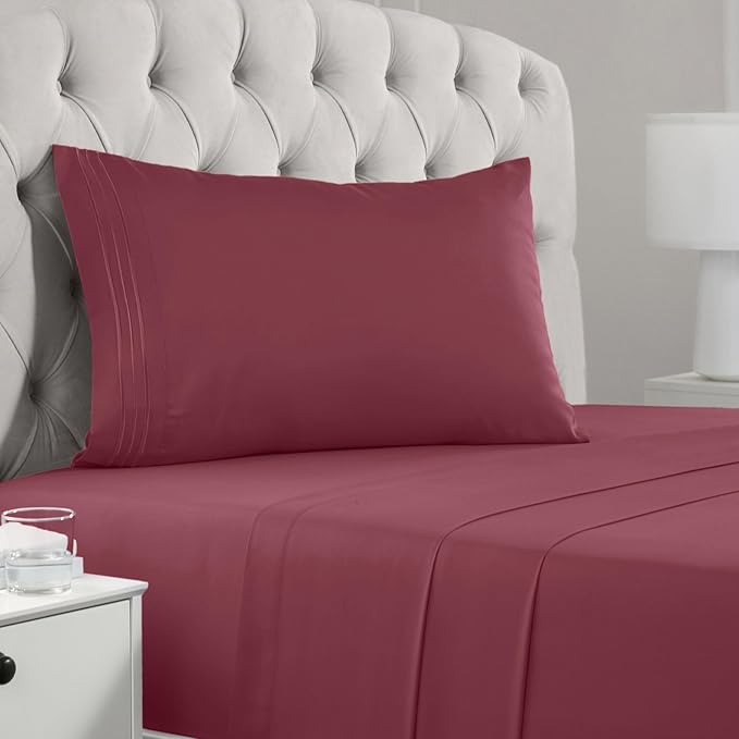 Mellanni Twin XL Sheets Set - 3 PC Iconic Collection Bedding Sheets & Pillowcases - Hotel Luxury, Extra Soft, Cooling Bed Sheets - Deep Pocket up to 16 inch (Twin Extra Long, Burgundy) - LeafyLoom