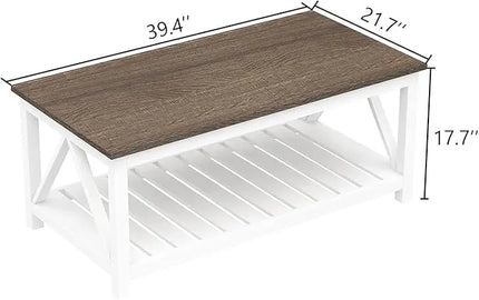 ChooChoo Farmhouse Coffee Table, Rustic Vintage Living Room Table with Shelf, 40 White - LeafyLoom