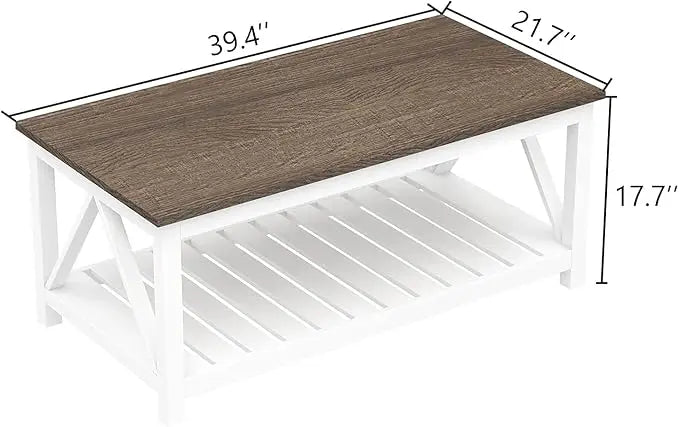 ChooChoo Farmhouse Coffee Table, Rustic Vintage Living Room Table with Shelf, 40 White - LeafyLoom