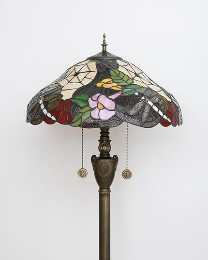 Tiffany Floor Lamp Dragonfly Style Spider Web Stained Glass for Living Room Bedroom Office Bright Lighting Rustic Corner Deco Standing Tall Vintage Unique Pull Chan Reading Aesthetic Lamps - LeafyLoom