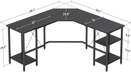 BANTI L Shaped Desk with Shleves, 60" Large Corner Desk with Two Storage, Space Saving, Easy to Assemble, Black - LeafyLoom