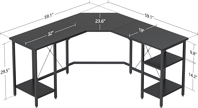 BANTI L Shaped Desk with Shleves, 60" Large Corner Desk with Two Storage, Space Saving, Easy to Assemble, Black - LeafyLoom
