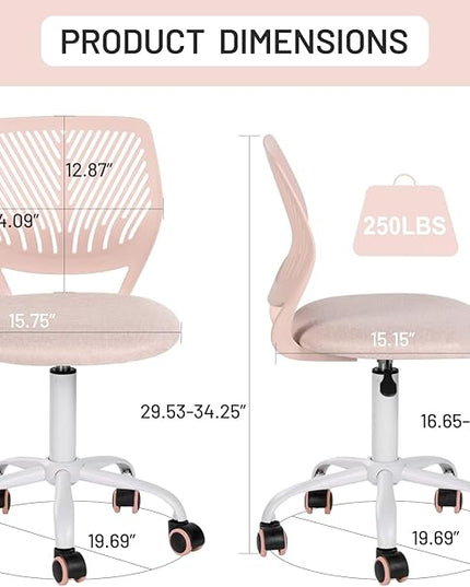 Desk Chair Small Armless, Comfy Home Office Chair with Fabric Seating Cushion and Plastic Low-Back, Adjustable Swivel Study Computer Task Chair for Student Children Kids with Rolling Wheels, Pink - LeafyLoom
