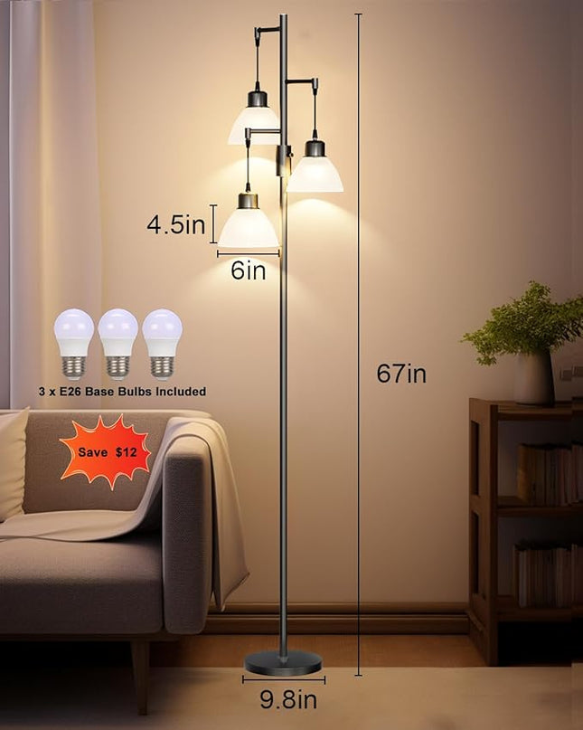 Lightdot 67IN Dimmable (Brightness Adjustable) Tree Floor Lamp, Industrial Standing Lamps with E26 LED Bulbs Included, 3 Lights Black Pole Tall Lamps for Living Room Bedroom Office - LeafyLoom