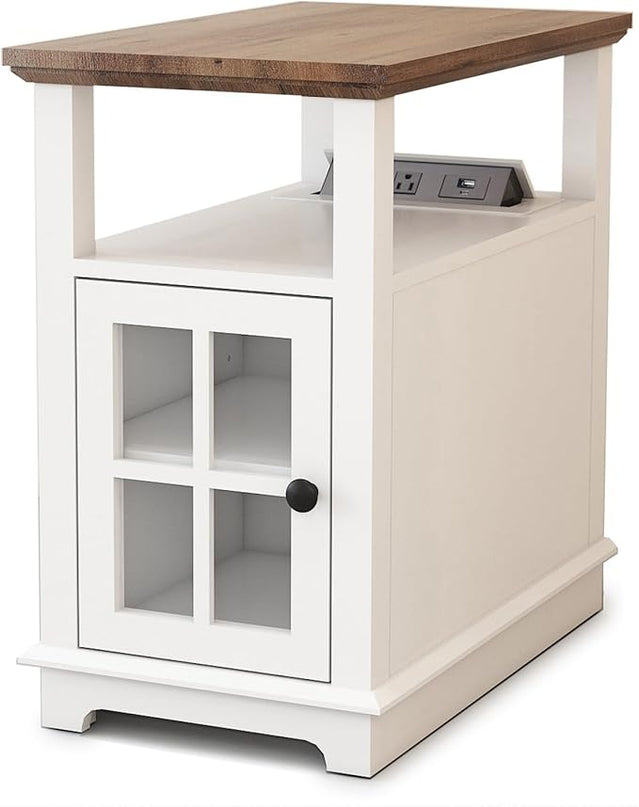 HIFYOBRO Narrow End Table with Flip Top Charging Station and Storage Cabinet, Type-C & USB port & Power outlets, Adjustable Shelf, White Side Table with Storage for Living Room and Bedroom - LeafyLoom