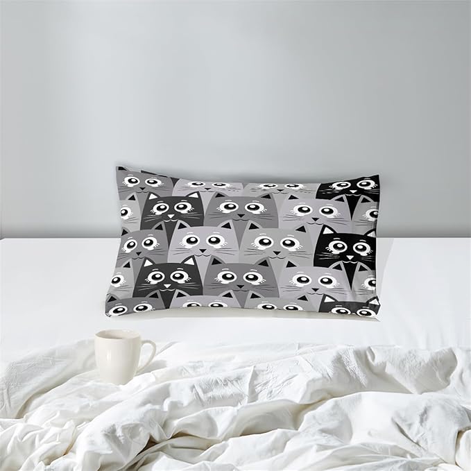 Cat Comforter Set Twin Size - 2Pcs Grey Cat Bedding Set for Boys Girls Teens Cute Animals Themed Bedding Set Warm Ultra Soft Cartoon Cat Quilt Cover with 1 Pillowcase for Kids Room Decor - LeafyLoom