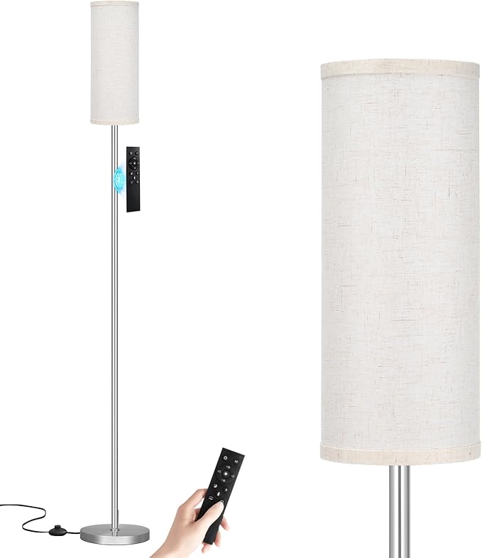 Ambimall 64'' Floor Lamps for Living Room with Remote Control and Stepless Dimmable Colors Temperature & Brightness, 9W Bulb Included(Beige Lampshade & Silver Pole) - LeafyLoom