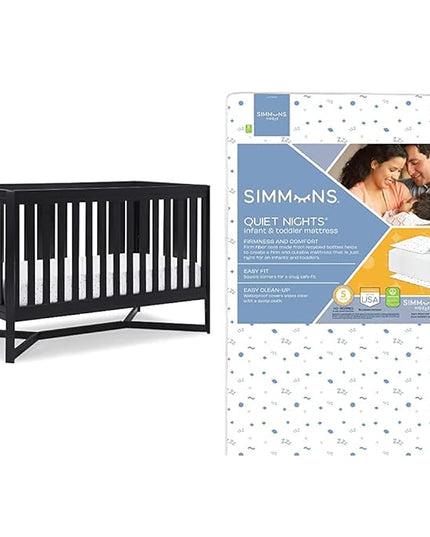 Delta Children Tribeca 4-in-1 Baby Convertible Crib + Simmons Kids Quiet Nights Crib and Toddler Mattress Made from Recycled Water Bottles/GREENGUARD Gold Certified [Bundle], Midnight Grey - LeafyLoom
