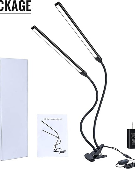 Desk Lamp, Clamp on Lamp with 2 LED Tubes, 13W, 1200 Lms, 3 Color Modes, 10 Brightness Levels, 18.5 Inches Flexible Gooseneck LED Clip Book Light for Reading, Working (Adapter Included) - LeafyLoom