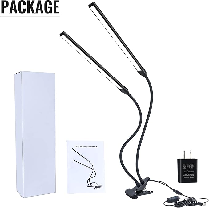 Desk Lamp, Clamp on Lamp with 2 LED Tubes, 13W, 1200 Lms, 3 Color Modes, 10 Brightness Levels, 18.5 Inches Flexible Gooseneck LED Clip Book Light for Reading, Working (Adapter Included) - LeafyLoom