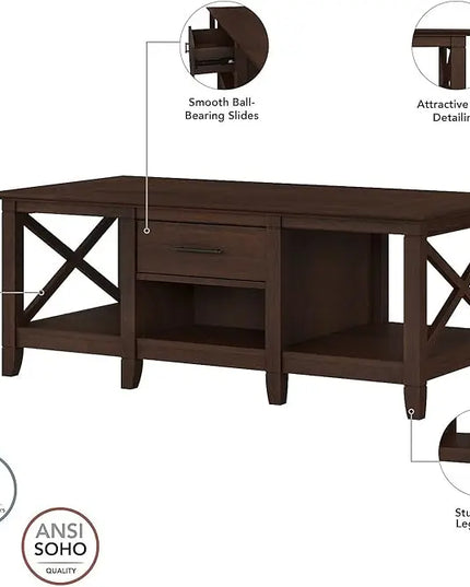 Bush Furniture Key West Coffee Table with Storage with Aged Bronze Hardware | Center Counter for Living Room, 47Wx24Dx18H, Bing Cherry - LeafyLoom
