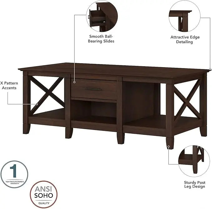 Bush Furniture Key West Coffee Table with Storage with Aged Bronze Hardware | Center Counter for Living Room, 47Wx24Dx18H, Bing Cherry - LeafyLoom