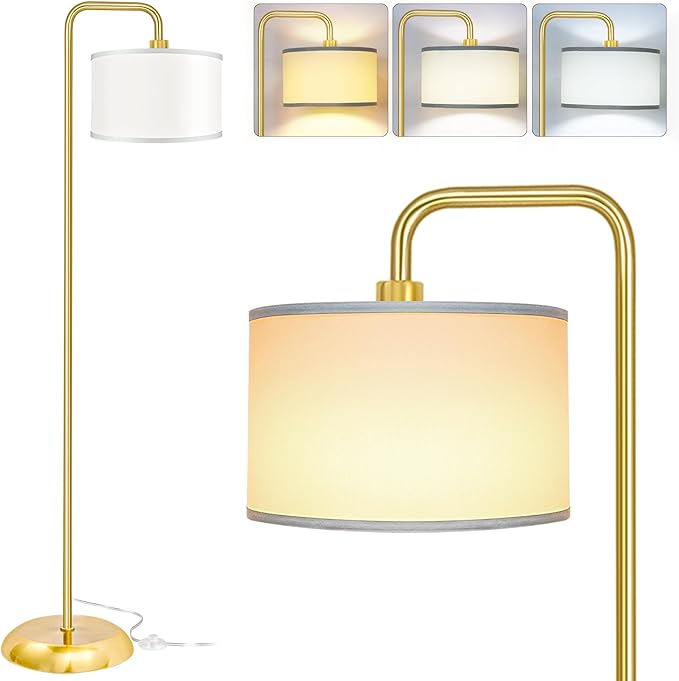 [Upgraded] LED Floor Lamp for Living Room, 3 Color Temperature Floor Lamp with Foot Switch Modern Standing Lamp Tall Pole Floor Reading Lamp for Bedroom, Study Room, Office, 9W Bulb Included, Gold - LeafyLoom