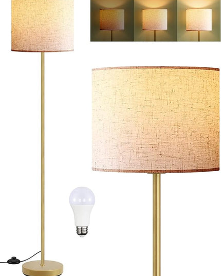 BoostArea Floor Lamp, Standing Lamp, 9W LED Floor Lamp with 3 Dimmable Levels, Simple Standing Lamp with Linen Lampshade, On/Off Footswitch, Tall Floor Lamps for Living Room/Bedroom/Office/Boho, Gold - LeafyLoom