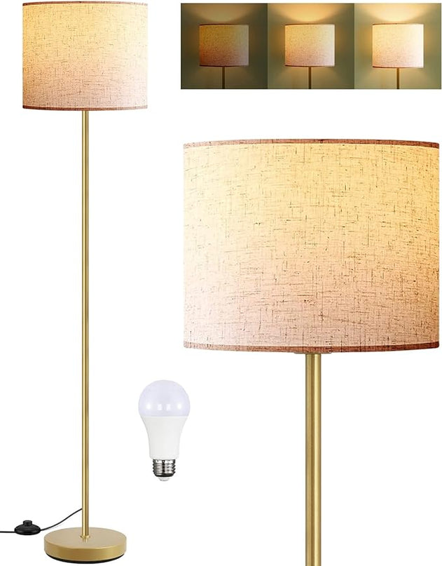 BoostArea Floor Lamp, Standing Lamp, 9W LED Floor Lamp with 3 Dimmable Levels, Simple Standing Lamp with Linen Lampshade, On/Off Footswitch, Tall Floor Lamps for Living Room/Bedroom/Office/Boho, Gold - LeafyLoom