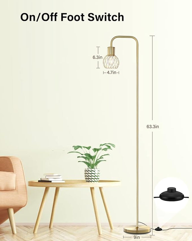 Brass Gold Floor Lamp for Living Room, Modern Industrial Standing Lamp with 6W LED Bulb, Foot Switch, Metal Tall Stand Up Lamp, Minimalist Farmhouse Boho Pole Lamp for Bedroom, Office, Vintage, Rustic - LeafyLoom