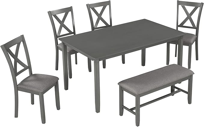 6-Piece Wooden Rectangular Dining Table Set with Bench and 4 Upholstered Chairs for Kitchen Living Room, Farmhouse Rustic Style, Gray, 60''L x 36''W x 30''H - LeafyLoom