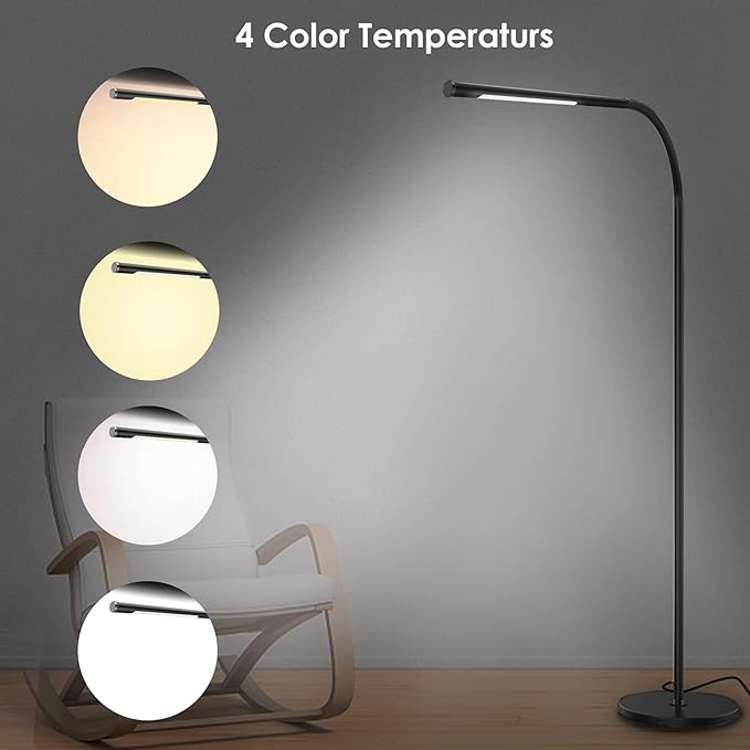 LED Floor Lamp,Dimmable Floor 5 Brightness Levels & 4Color Temperature, 7W, Touch Control, Adjustable Gooseneck, Memory Function, Standing Lamp for Living Room, Bedroom, Office, Study (①Black) - LeafyLoom