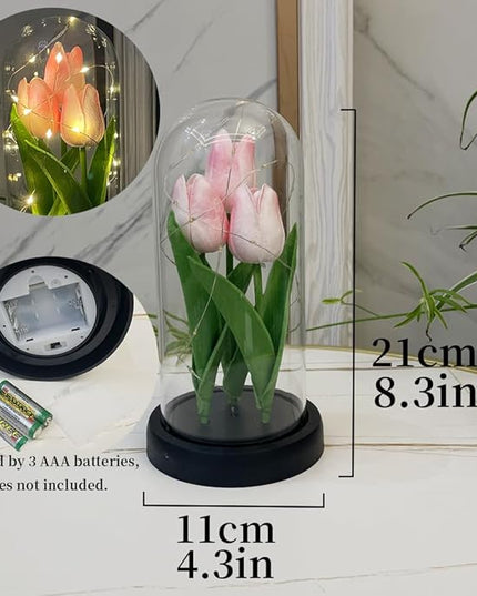 LED Tulip Lamp Artificial Flower Night Light Handmade Light up Tulips in Glass Dome Table Lamp Ornaments Desktop Decor - Battery Operated (Pink) - LeafyLoom