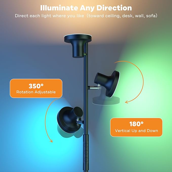 RGB Floor Lamp, 36W Bright LED Standing Lamp with 3 Swivel Lights, Color Changing Tree Tall Lamp with Remote, Stepless Dimmable Modern Floor Lamps for Living Room, Bedroom, Gaming Room,Office - LeafyLoom