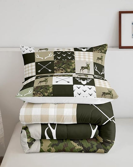 Antler Silhouette Kids Comforter Set Queen Size,Camo Green Rustic Bedding Set,Girls Boys Adults Bedroom/Xmas Decor,Geometric Plaid Patchwork Down Comforter,Arrows Boho Duvet Insert,3pcs,2 Pillowcases - LeafyLoom
