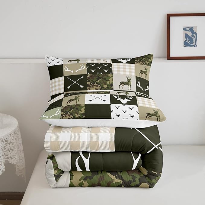 Antler Silhouette Kids Comforter Set Queen Size,Camo Green Rustic Bedding Set,Girls Boys Adults Bedroom/Xmas Decor,Geometric Plaid Patchwork Down Comforter,Arrows Boho Duvet Insert,3pcs,2 Pillowcases - LeafyLoom
