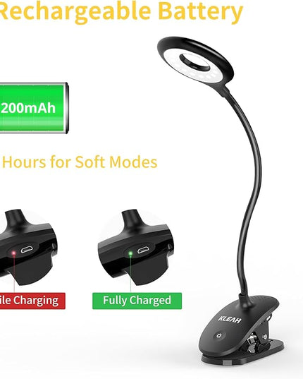 Clip on Light for Bed & Desk, Reading in Bed, Dorm, Battery Operated Rechargeable Clamp Lamp for Headboard, Eye-Caring LED Light with 3 Brightness Modes & Flexible Gooseneck (Black) - LeafyLoom