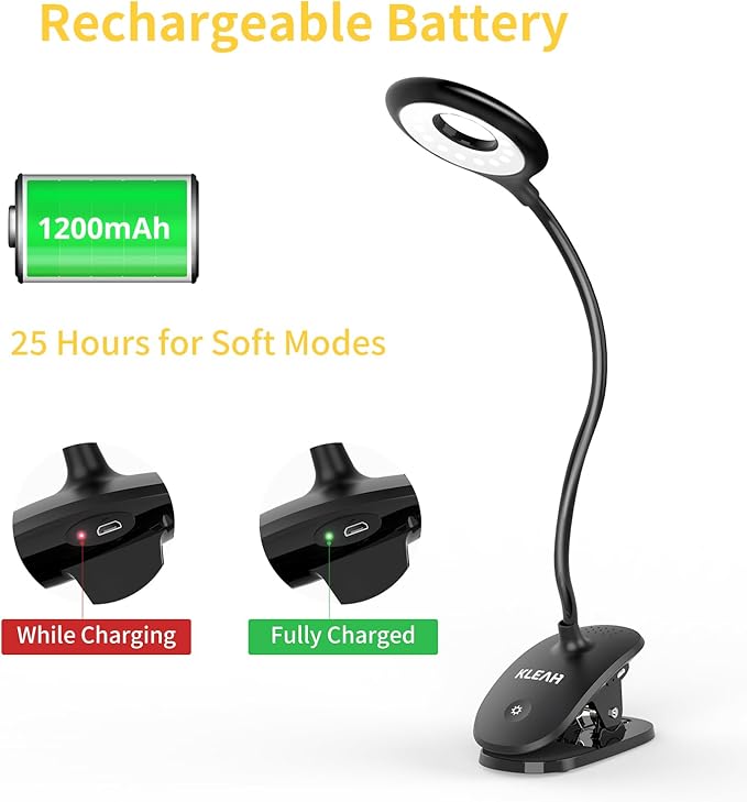 Clip on Light for Bed & Desk, Reading in Bed, Dorm, Battery Operated Rechargeable Clamp Lamp for Headboard, Eye-Caring LED Light with 3 Brightness Modes & Flexible Gooseneck (Black) - LeafyLoom